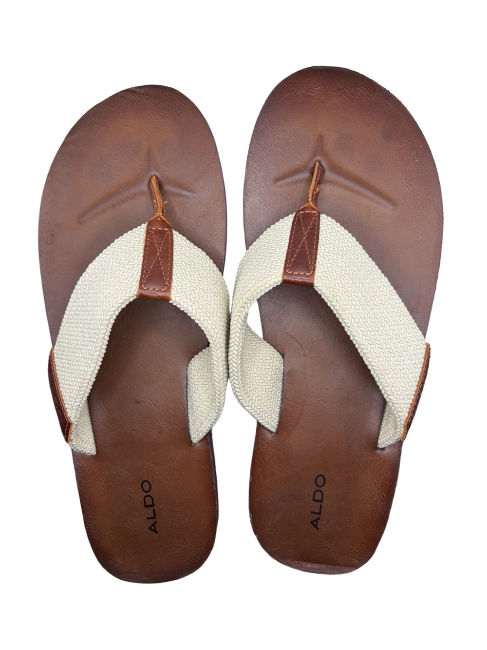 Aldo Brown Leather Footbed with Cream Woven Strap Flip Flops size 12
